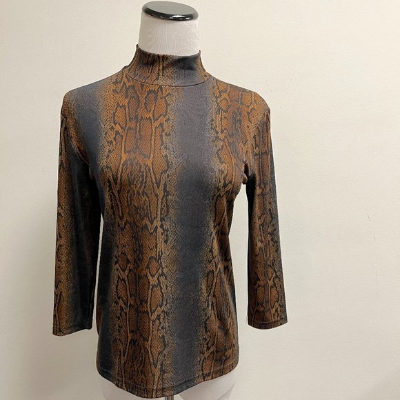 Christine Gerard snake python print brown black mock neck stretch top S New - Picture 2 of 6